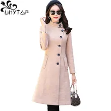 UHYTGF зимнее пальто для женщин Чистый Цвет Дикий качественная шерстяная куртка Женский однобортный элегантные женские тонкий 3XL размера плюс пальто 1126
