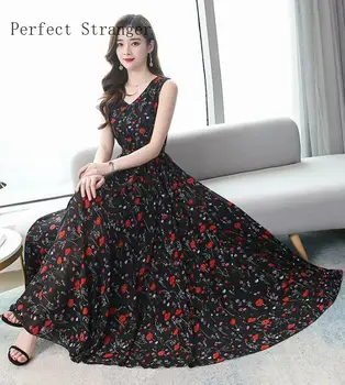 

2020 Summer New Arrival High Quality Bohemian Style Flower Printed V Collar Sleeveless Women Long Chiffon Dress