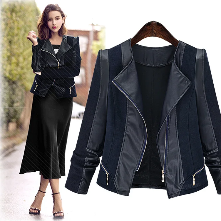 

WOMEN'S Dress Europe And America Large Size Slimming Long Sleeve Joint Leather Coat Jacket