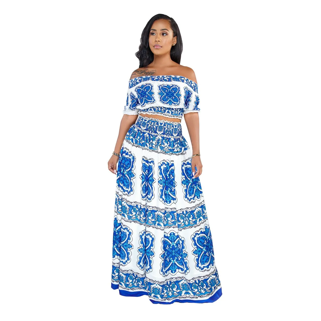 2019 Summer Women Off Shoulder Short Sleeve Crop Top Big Swing Long Skirt Two Piece Sets Paisley Print Suits | Женская одежда
