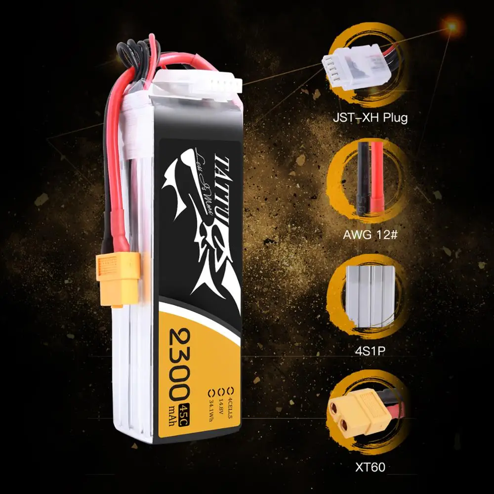 Литий-полимерный аккумулятор tattu 2300mAh Lipo 3S 4S11. 1V 14,8 V 45C XT60 с разъемом FPV Drone power для FPV Frame RC вертолет самолет автомобильные аксессуары