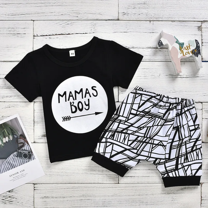 

0-24 Months Baby Boys Clothes Set Black Letter Print Tshirt For Boys White Striped Pants Leggings Baby Boys Clothing Newborn Set