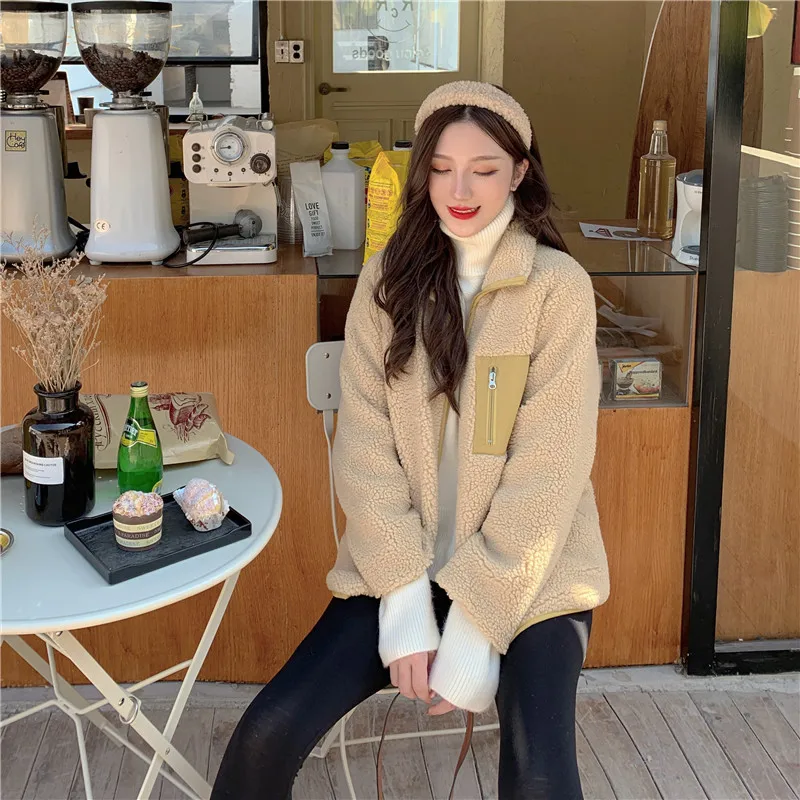 

Wear A Lamb Velvet Jacket In Autumn And Winter 2020 Color Block Warm Jacket Large Size Fashion Stand-up Collar Zipper Top