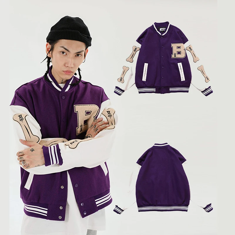 Mens Hip Hop Baseball Jacket Coats Embroidery Furry Bone Letter Patchwork Optional Harajuku College Bomber Coat Men Oversize