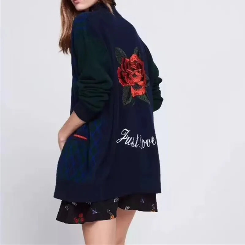 

Women Autumn Winter Coat Rose Flower Embroidery Cardigans Double Pockets Open Stitch Sweater Coats