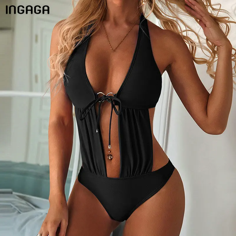 

INGAGA Sexy Cut Out Swimwear Women Solid Ruched One Piece Swimsuit Bandage Halter Monokini Bathing Suit 2020 Backless Bathers