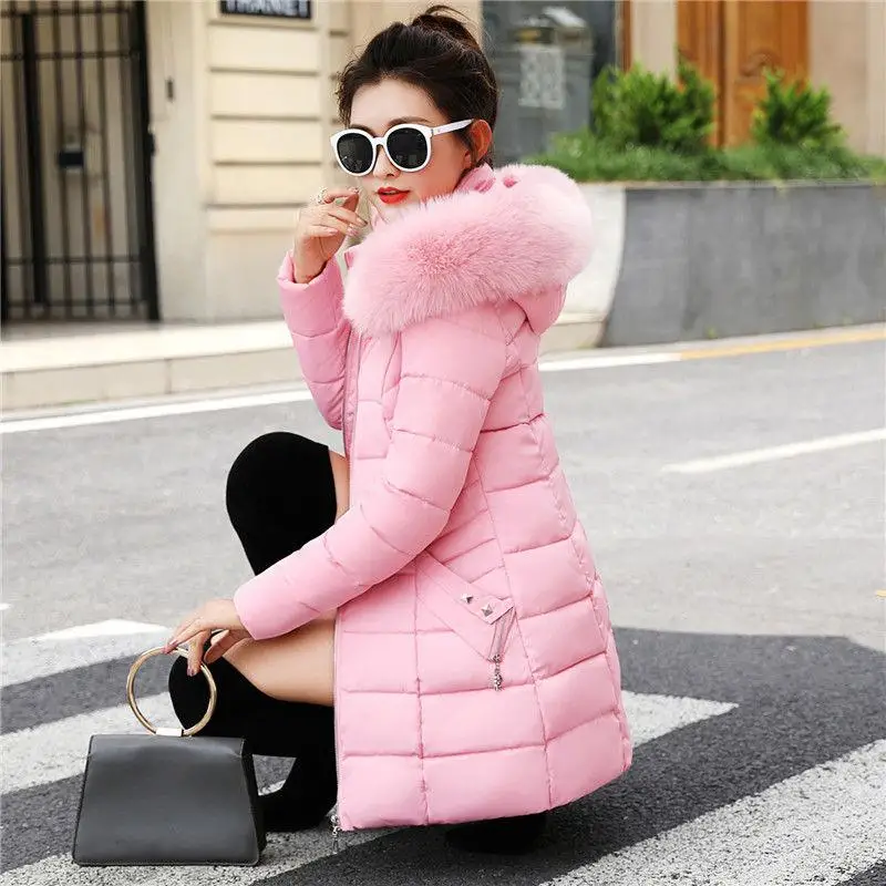 Зимняя повседневная верхняя одежда, пальто для женщин, новая мода, корейский стиль, с капюшоном, с мехом, теплые утепленные парки, женские длинные куртки, пальто P112 - Цвет: Pink