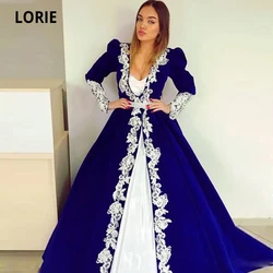 LORIE Ball Gown Royal Blue Muslim Evening Gowns with Long Sleeve Satin Lace Appliques Formal Prom Party Gown Plus Size Vintage