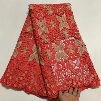 

2020 Newest Nigerian Water Soluble Lace Fabric 5 Yard Red color Guipure Cord Lace Fabric With Stones Beads African Net Laces G-3