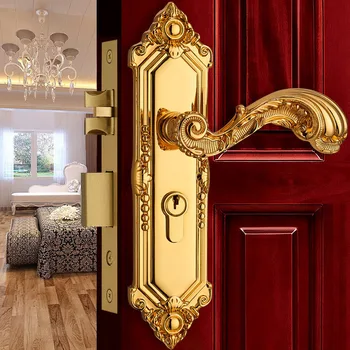 

Europen Fashion Wooden Door Lock Modern Brass Golden Interior Solid Wood Panel Handle Lock Rose Golden Bedroom Bookroom Kitchen