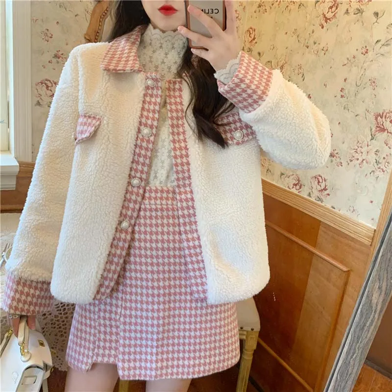 

2020 New Winter Women Two-Piece Suit Korean Splicing Lamb Wool Quilted Jacket + Elegant Pink Lattice A-Line Skirt Vestidos Mujer