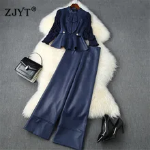 

2021 Autumn Elegant Women's Office Trousers Suit Mesh Patchwork Suede Leather Top and Pants 2 Piece Matching Sets Work Outfit