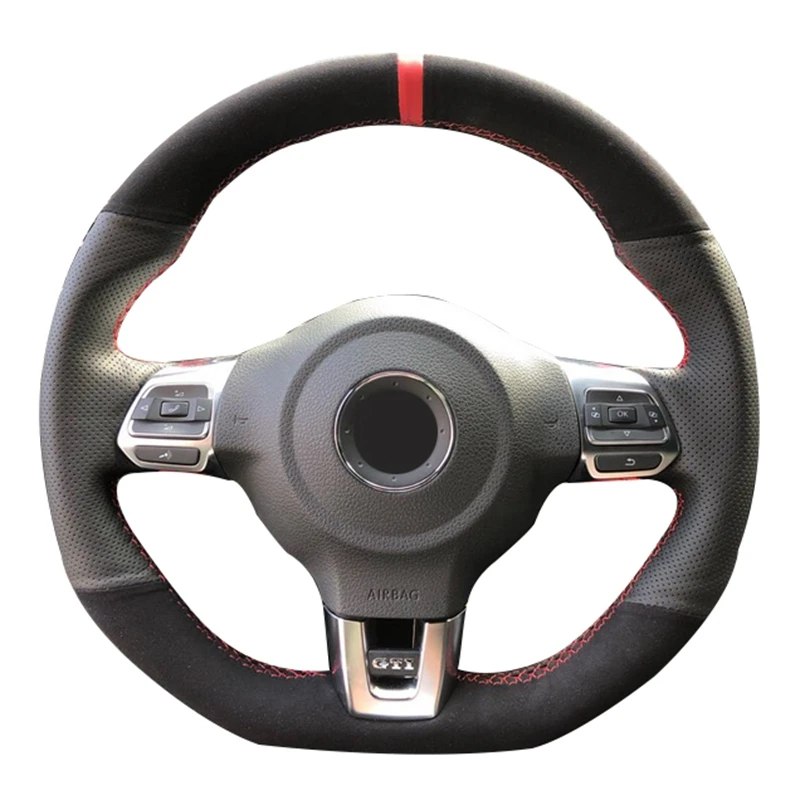 Black Genuine Leather Suede Car Steering Wheel Cover For Volkswagen