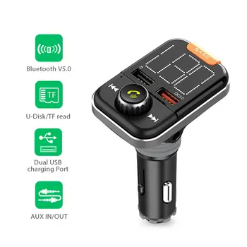 

Car Bluetooth FM Transmitter BASS Sound Enhancer QC3.0 Fast Charge 12-24V Snelle Oplader Voor USB+Type-C TF Card Handsfree