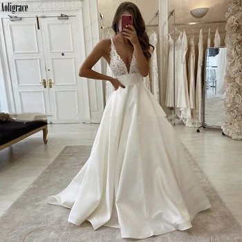 

Beach Wedding Dresses Satin A Line Deep V Neck Vestido de Noiva Sleeveless Lace Appliques Court Train Bridal Gowns Open Back