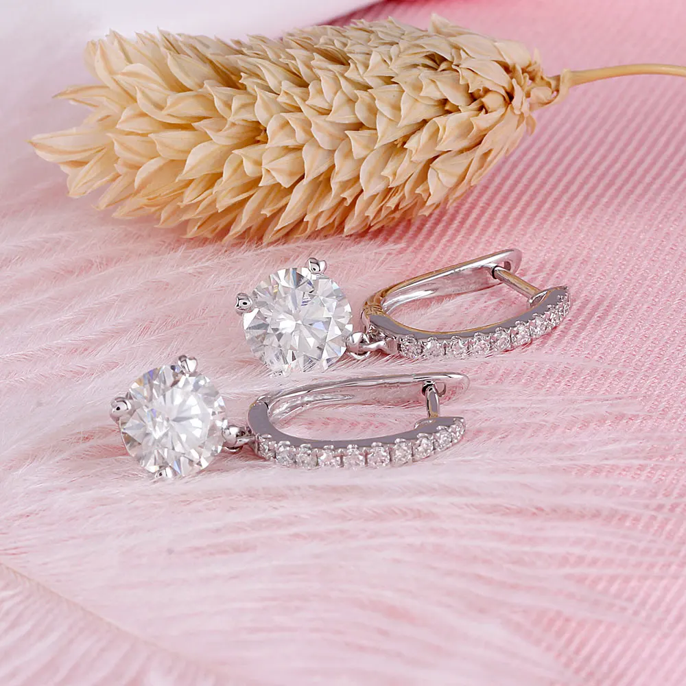 Platinum Plated Silver Center 6.5mm GH Color Hearts and Arrows Cut Lab Grown Moissanite Halo Hoop Earrings with Accent(4)