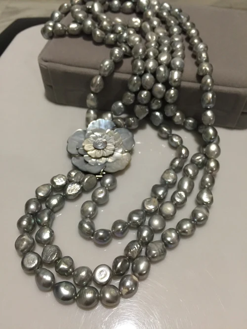 NEW HandNEW 3rows knotted Autumn winter essential 8-9mm Natural gray freshwater pearl necklace 17-20inches