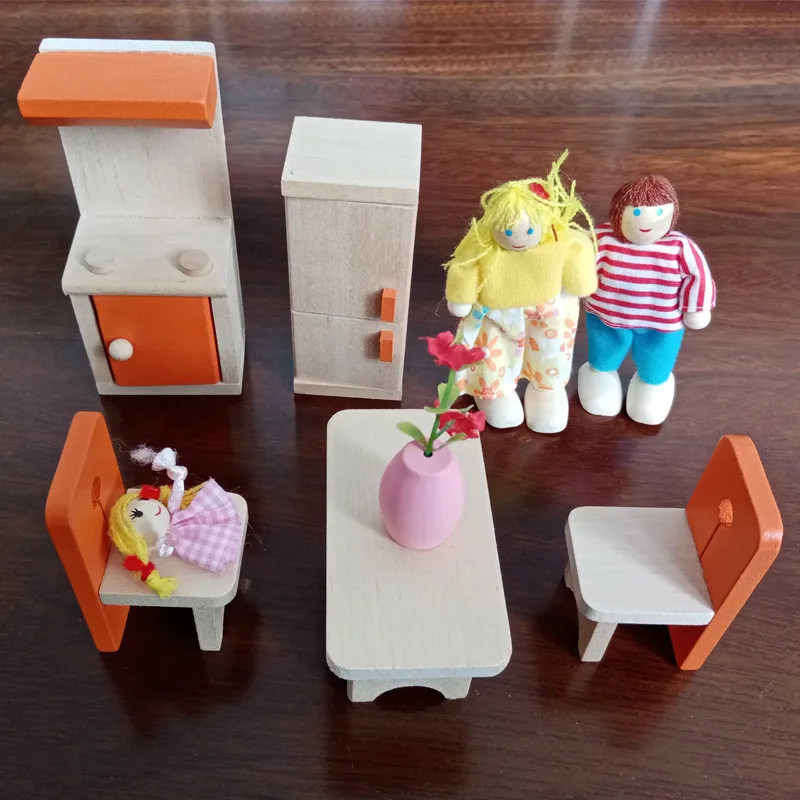 with dolls Деревянный кукольный домик, красочный миниатюрный набор мебели с куклами, Развивающий домик, игрушки для детей, рождественские подарки - Цвет: with dolls
