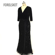 Дизайнерское велюровое Черное вечернее платье Русалка Формальные Вечерние платья с коротким рукавом шикарные Длинные вечерние платья с кисточками v-образный вырез