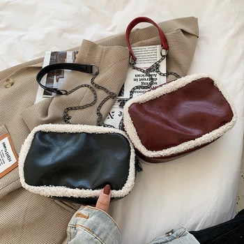 

Vintage Women Messenger Shoulder Bags Winter Autumn Splicing Fleece PU Leather Handbags Totes Small Envelope Crossbody Bag New