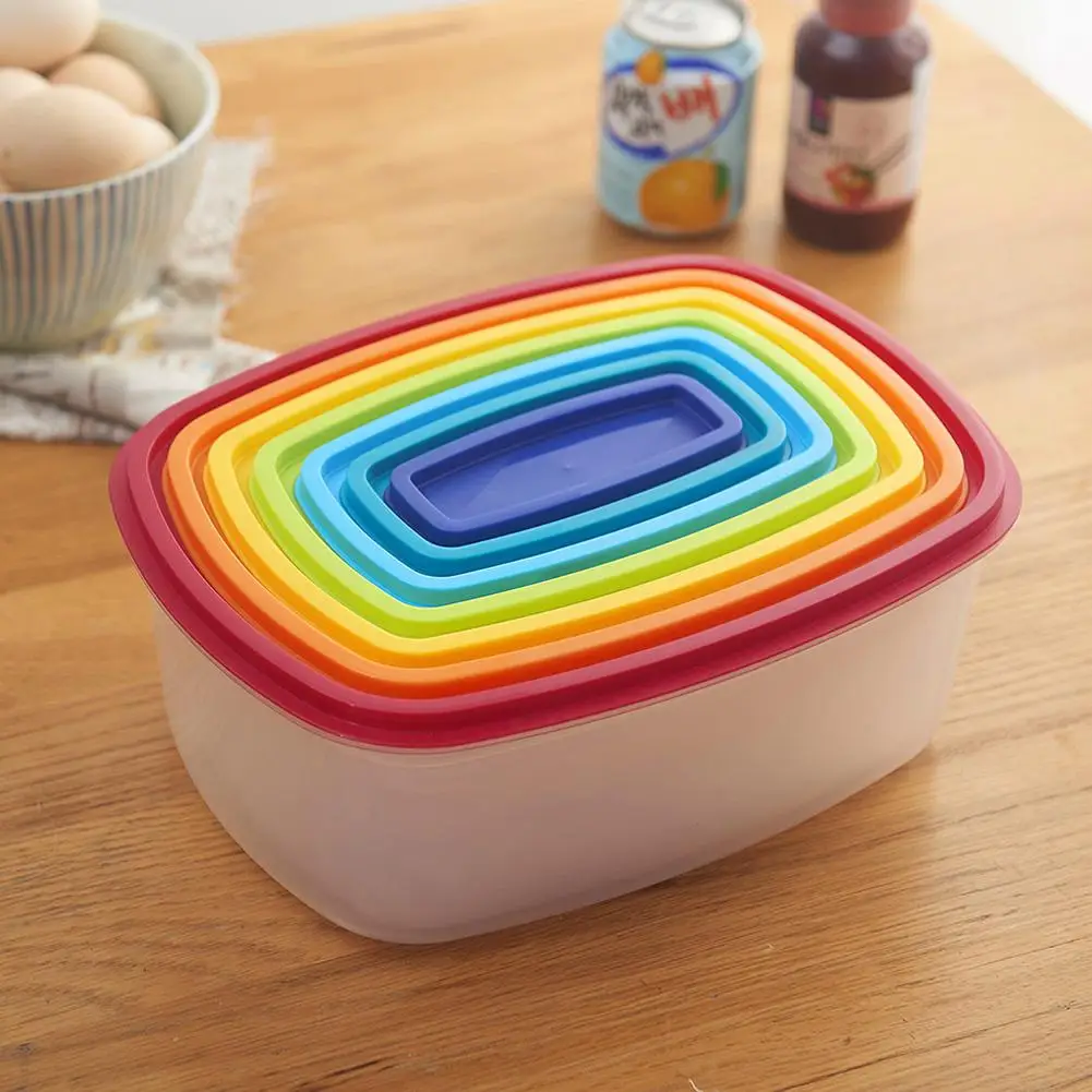 

TWISTER.CK 7PC Refrigerator Crisper Transparent Sealed Plastic Rectangular Rainbow Colored Crisper Storage Boxes Food Container
