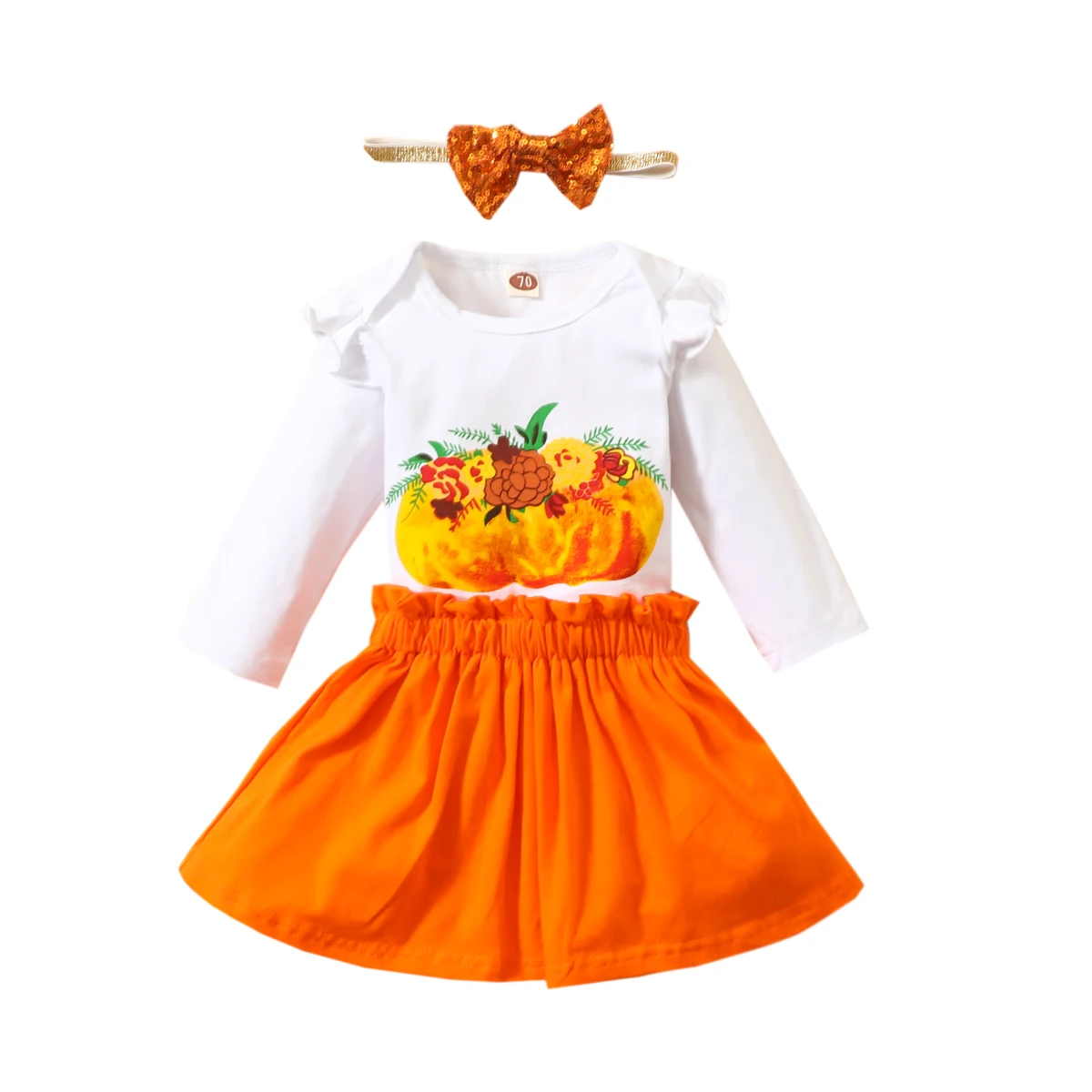 

2020 New Fall Autumn Halloween Infant Baby Girls 3Pcs Set Long Sleeve Pumpkin Print Bodysuit+Orange Skirt+Sequined Headband