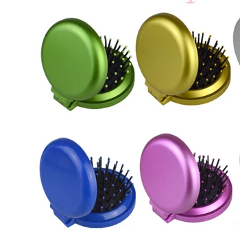 

Fashion New Girls Travel Folding Hair Brush With Mirror Pocket Size Comb RED 896D