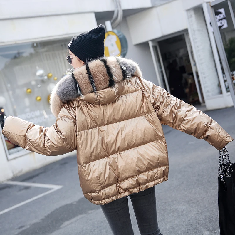 Женское двустороннее серебряное Золотое пуховое пальто зимняя Большая