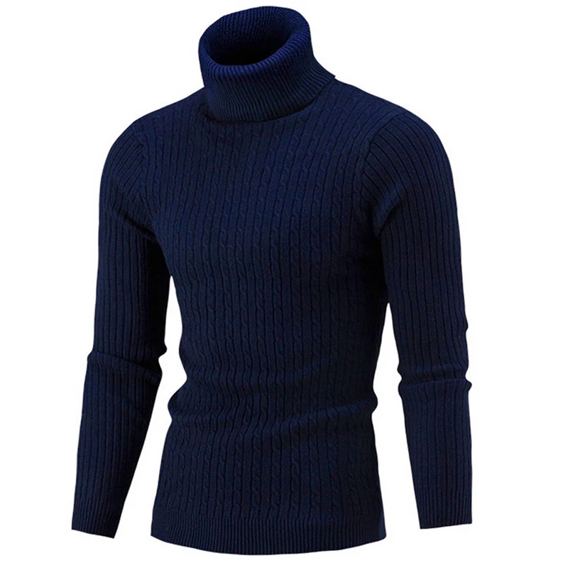 Осень-зима, мужской свитер, Мужская водолазка, однотонный, Повседневный свитер, Homme, облегающий, вязанный, хлопок, пуловеры - Цвет: Navy B