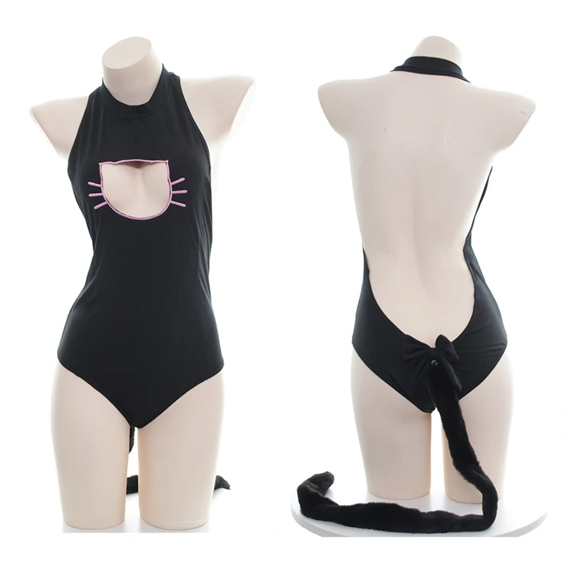 

Japanese Anime Neko Cat Keyhole Cosplay Swimsuit Cat Lingerie Sexy Open Chest Backless SUKUMIZU Swimwear Jumpsuits With Tail
