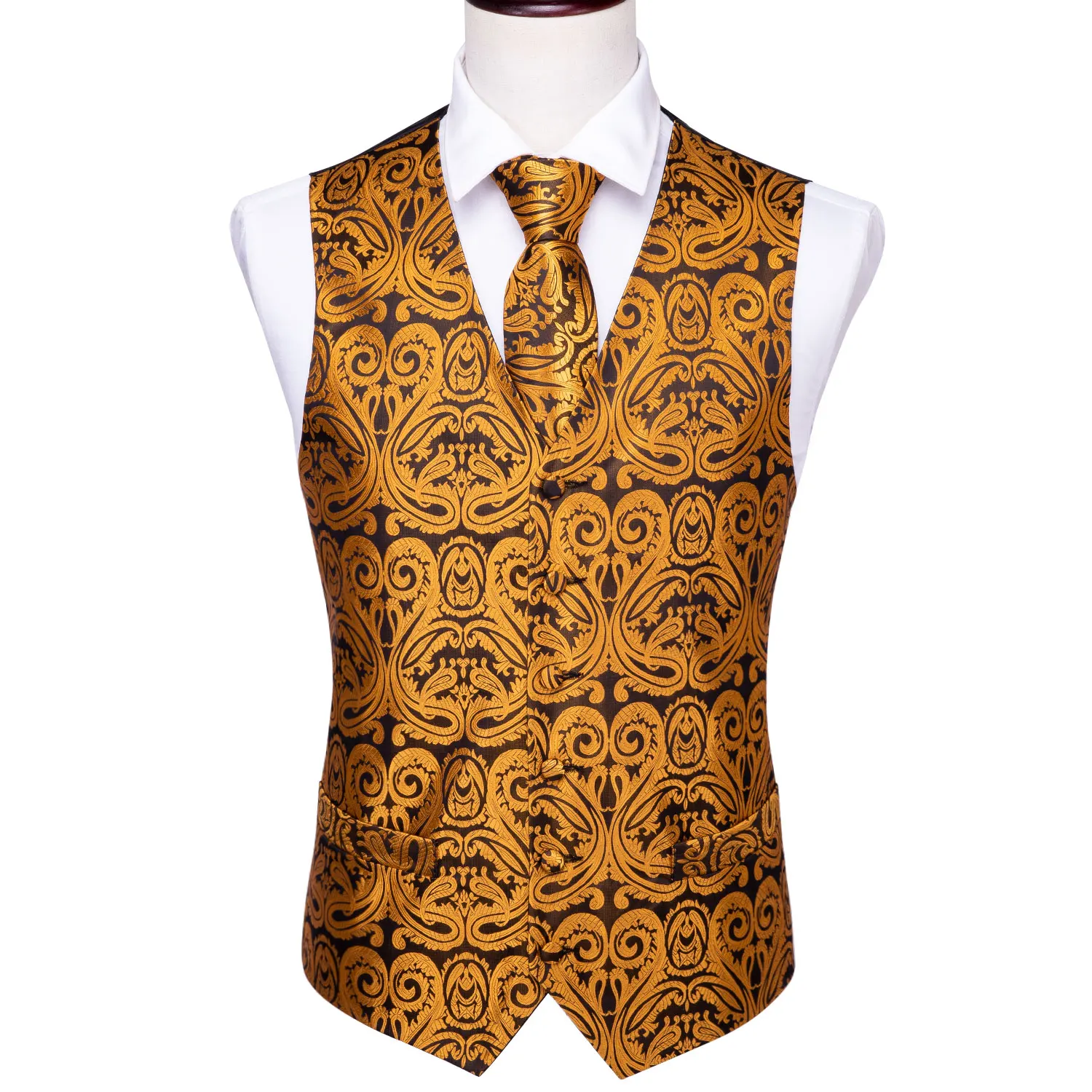 4PC Mens Silk Vest Party Wedding Gold Paisley Solid Floral Waistcoat Vest Pocket Square Tie Slim Suit Set Barry.Wang BM-2012 4PC Mens Silk Vest Party Wedding Gold Paisley Solid Floral Waistcoat Vest Pocket Square Tie Slim Suit Set Barry.Wang BM-2012