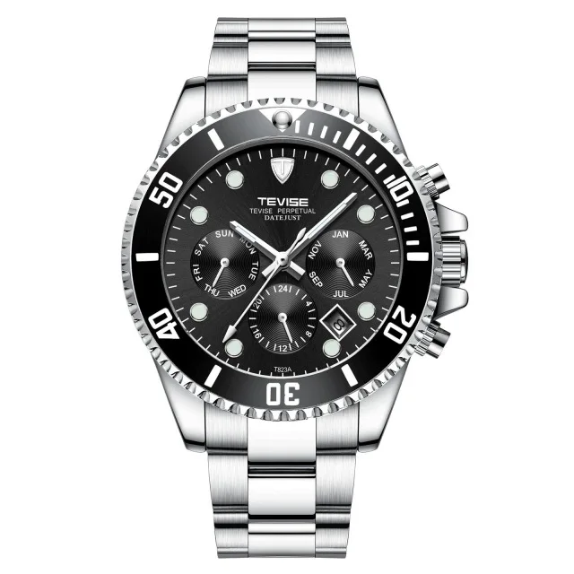 Модные часы автоматические механические мужские часы из нержавеющей стали водонепроницаемые наручные часы с хронографом бизнес часы Relogio Masculino - Цвет: silver black