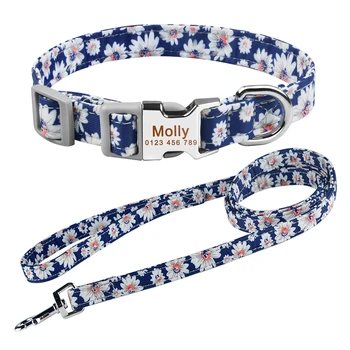 

Nylon Pet Dog Leash Collars Set Personalized Puppy ID Name Lead Small Medium Large Dogs Pitbull Bulldog Pugs Beagle Customized