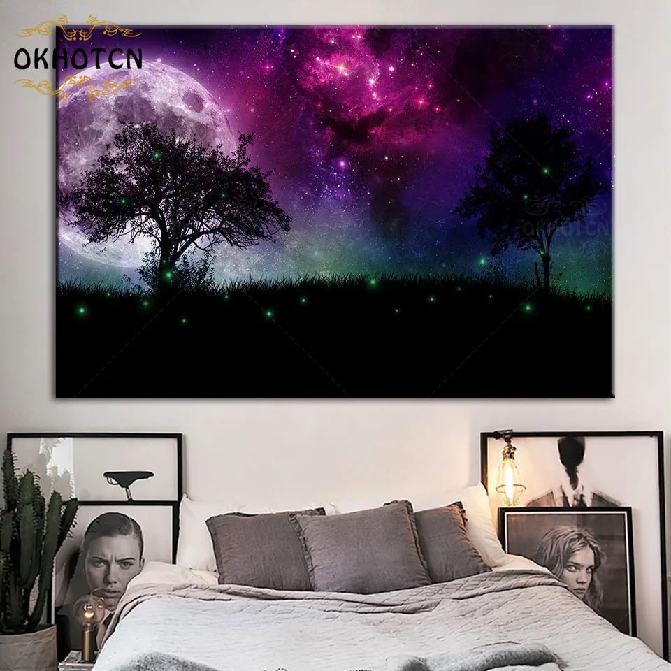 

Landscape Poster Modern Home Decor Purple Starry Sky Modular 1 Piece Canvas Painting Beautiful Wall Art Picture Bedroom Decor
