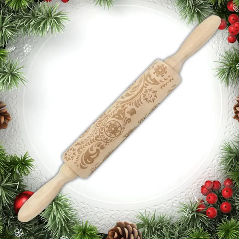

Christmas Snowflake Embossing Rolling Pin Baking Cookies Noodle Fondant Roller