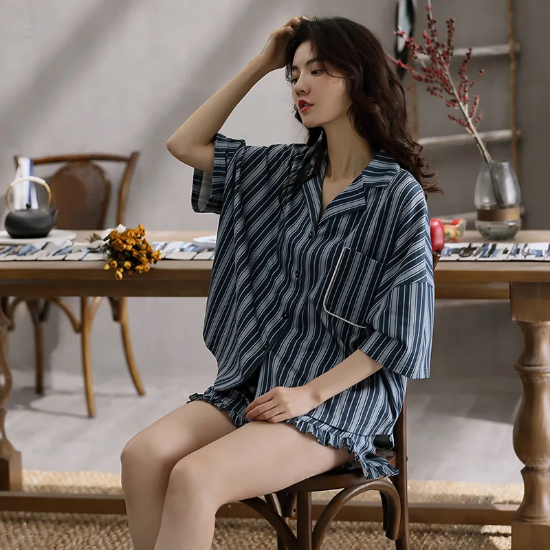 Women Satin Silk Pajama Sets Cute Cartoon Sleepwear Womens Homewear Stripe Floral Print Short Sleeve Top and Shorts Pyjamas
