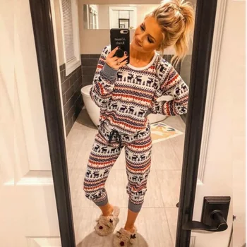 

Women's Christmas Nightwear 2pcs Set Reindeer Printed 2019 Autumn New Home Style Xmas Sleepewear