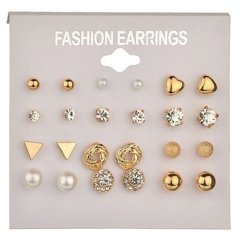 

12 Pairs/Set Gold Crystal Stud Earrings Set for Women Simple Elegant Ear Studs Jewelry Heart Pearls Zircon Rhinestone Earrings