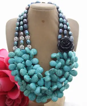 

18" 3 Strands Black Pearl Blue Turquoise Resin Flower Necklace