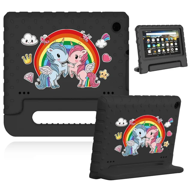 Cute Cartoon Kids Cover for Fire 7 (5th 7th 9th Gen)/HD 8 Tablet Handle Stand Funda Case for Fire HD 8 Plus (10th Gen 2020) 1.black case-twin un