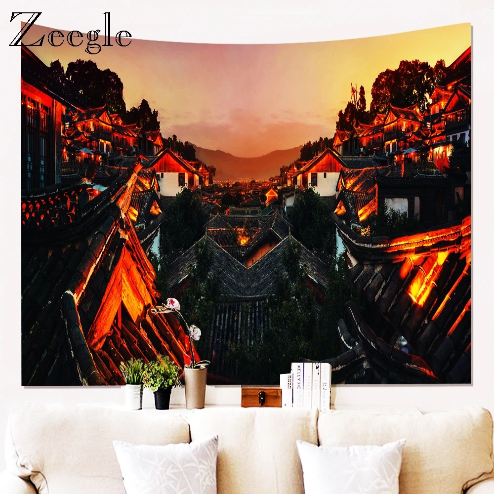 Zeegle Printed Building Wall Hanging Carpet Hippie Tapestry Blanket Beach Towel Large Size Tableclothes Home Art Wall Blanket