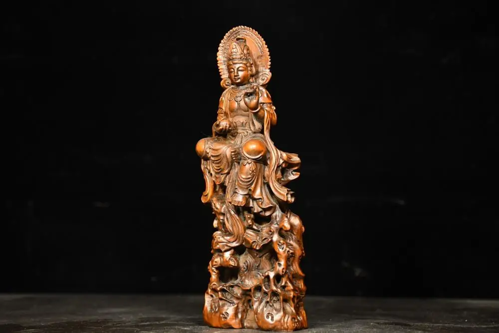 

7" China Collection Old Boxwood Guanyin Bodhisattva sitting on pine tree Avalokitesvara Amitabha Buddha Statue