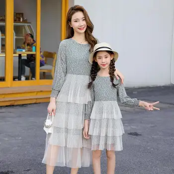 

2020 Floral Print Mother Daughter Twinning Dress Mom Girls Tulle Dress Kids Girl Party Dresses Family Match Look Outfits
