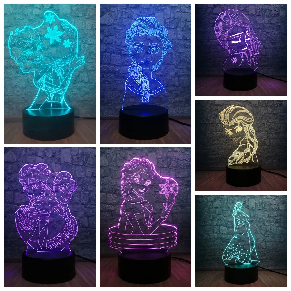 Снежная королева Эльза Анна Принцесса LED 3D лампа Иллюзия сенсорный Ночник