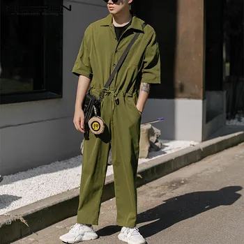 

INCERUN Mens Cargo Overalls Jumpsuits Half Sleeve Joggers Casual Pants Solid Color Button Streetwear Fashion Rompers Hombre 2020