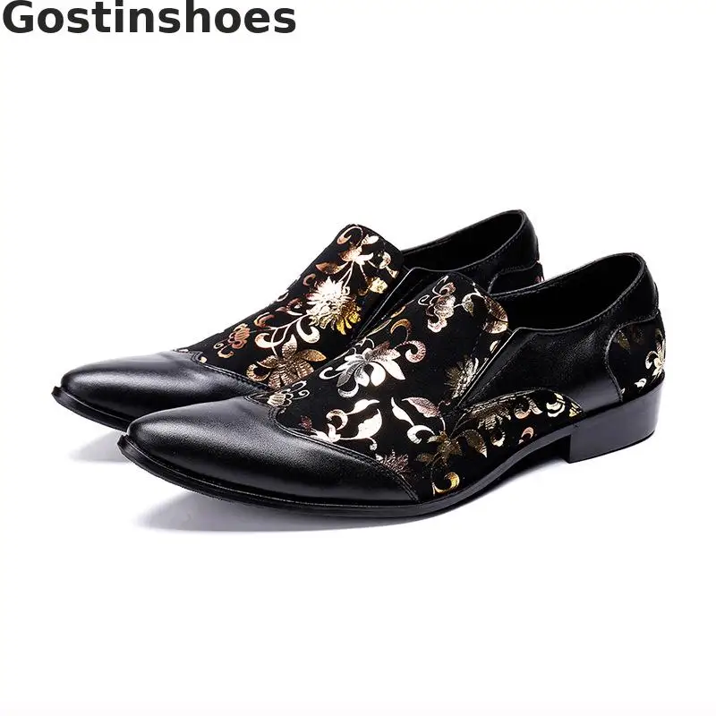 Retro Black Genuine Leather Embroidered Florals Cap Toe Pointed Men Casual Shoes Slip-on Leisure | Обувь