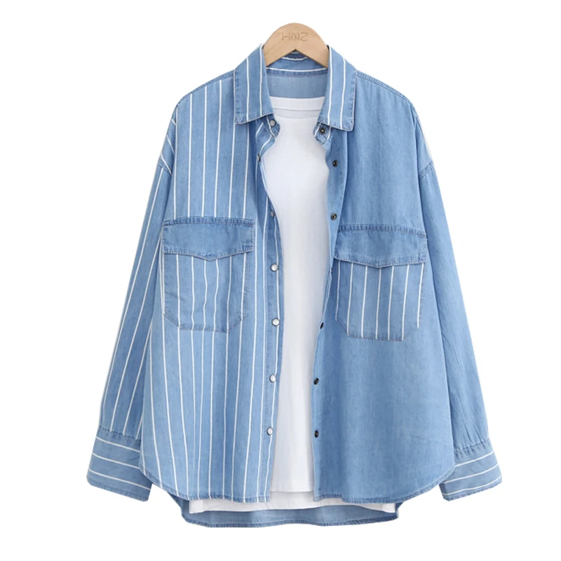 

[EWQ] 2019 Spring Autumn Lapel Long Sleeve Denim Patchwork Striped Singel Breasted Vintage Loose Shirt Women Fashoin Tide AD504