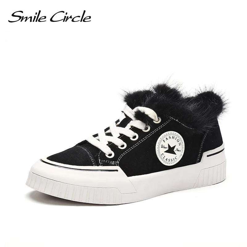 

Smile Circle Winter Sneakers Women Flat Platform shoes 2019 Keep warm Fashion fur Lace-up Round toe casual Ladies shoes