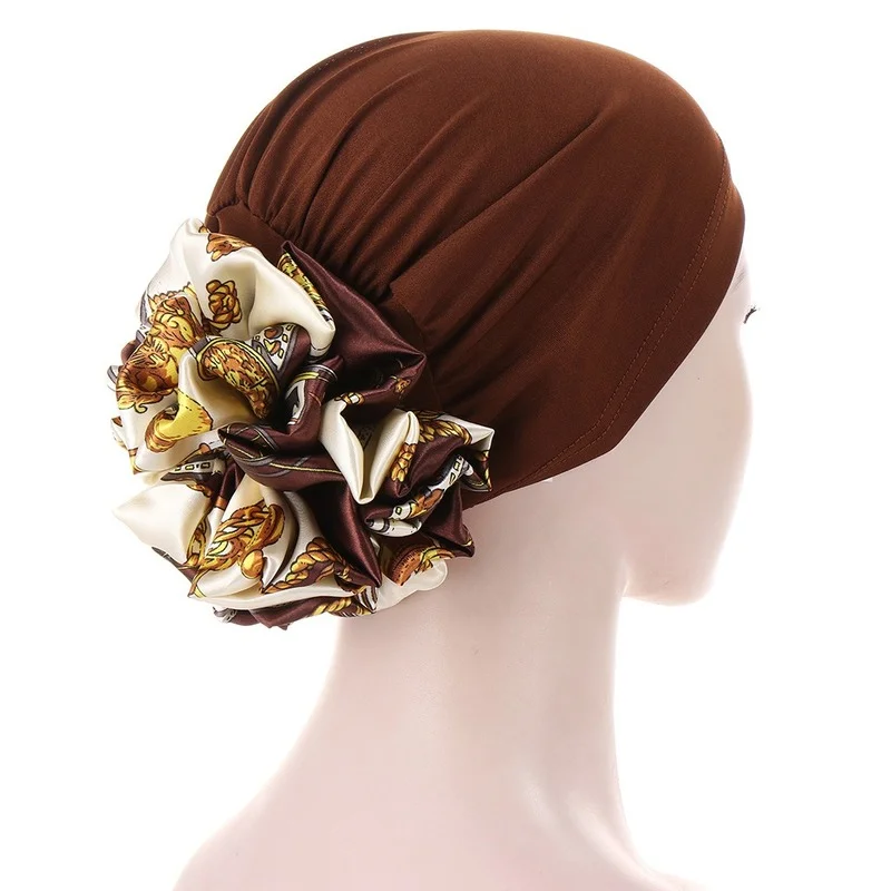 KepaHoo 여성용 신축성있는 새틴 꽃 터번 보닛 Hijab 모자 솔리드 컬러 이슬람 내부 Hijabs Headwrap Chemo Cap