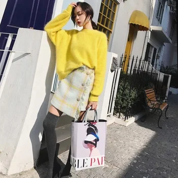 

[EWQ] 2020 Spring Autumn New Pattern High Waist Pladi Patchwork Burr Asymmetric Single Breasted Vintage Skirt Women 19C-a135
